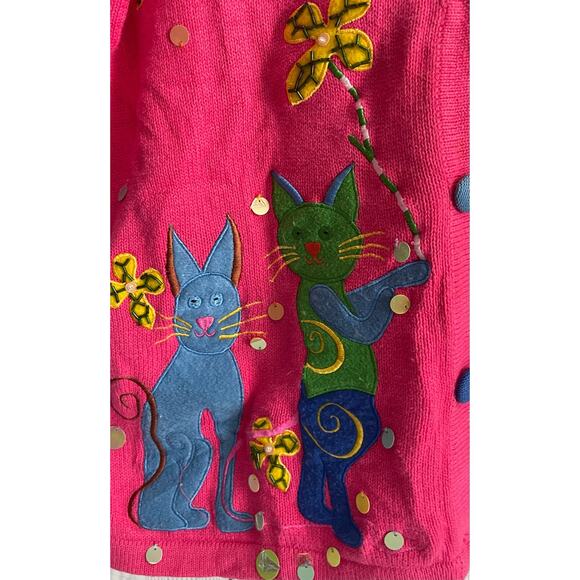 VTG Pink Cat Cardigan Morgan Cole with Embroidered Cats and Florals - Size Sm - Picture 1 of 7